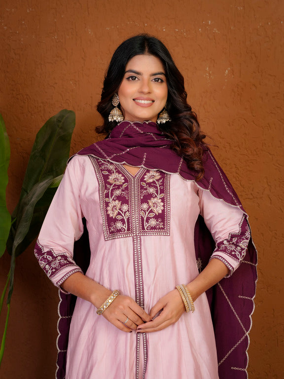 Roman Silk Anarkali Suit Set with Embroidered Dupatta  Hand Work Kurti Palazzo Set