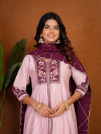 Roman Silk Anarkali Suit Set with Embroidered Dupatta  Hand Work Kurti Palazzo Set
