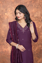 Purple Roman Silk Embroidered Kurti Set with Pant & Dupatta for Women
