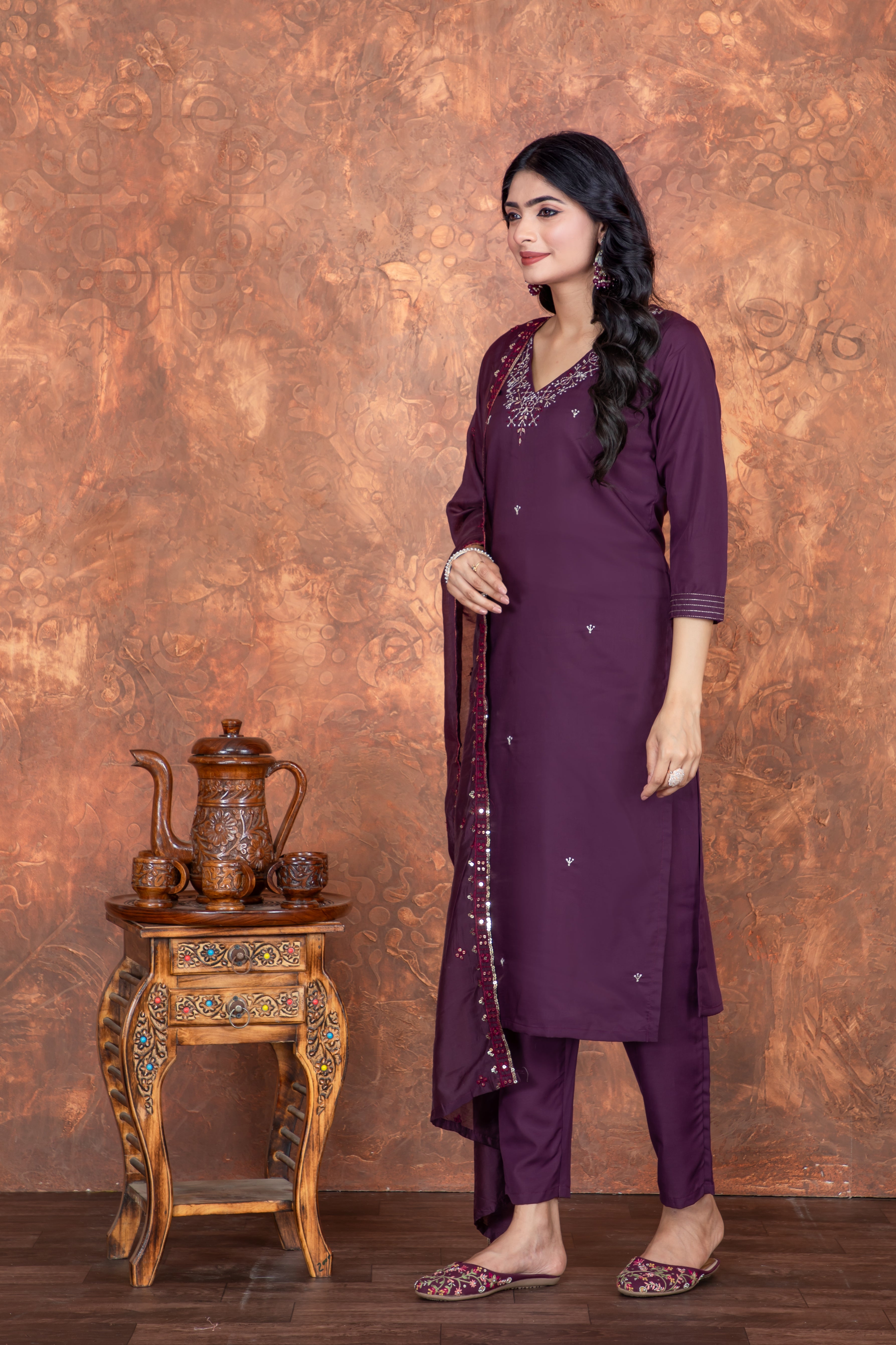 Purple Roman Silk Embroidered Kurti Set with Pant & Dupatta for Women