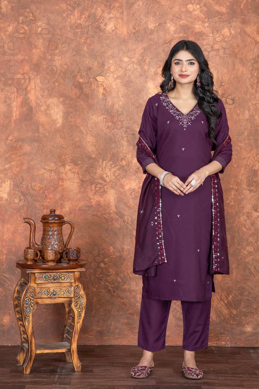 Purple Roman Silk Embroidered Kurti Set with Pant & Dupatta for Women