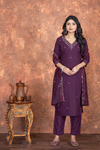 Purple Roman Silk Embroidered Kurti Set with Pant & Dupatta for Women