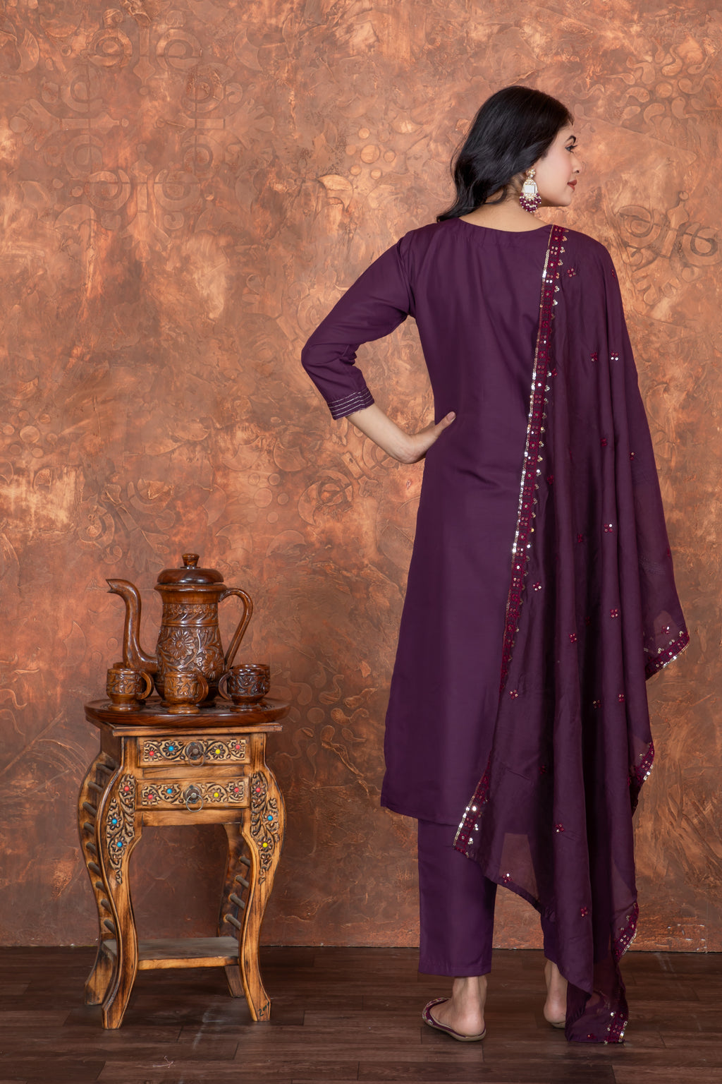 Purple Roman Silk Embroidered Kurti Set with Pant & Dupatta for Women