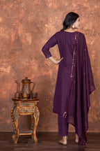 Purple Roman Silk Embroidered Kurti Set with Pant & Dupatta for Women