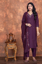 Purple Roman Silk Embroidered Kurti Set with Pant & Dupatta for Women