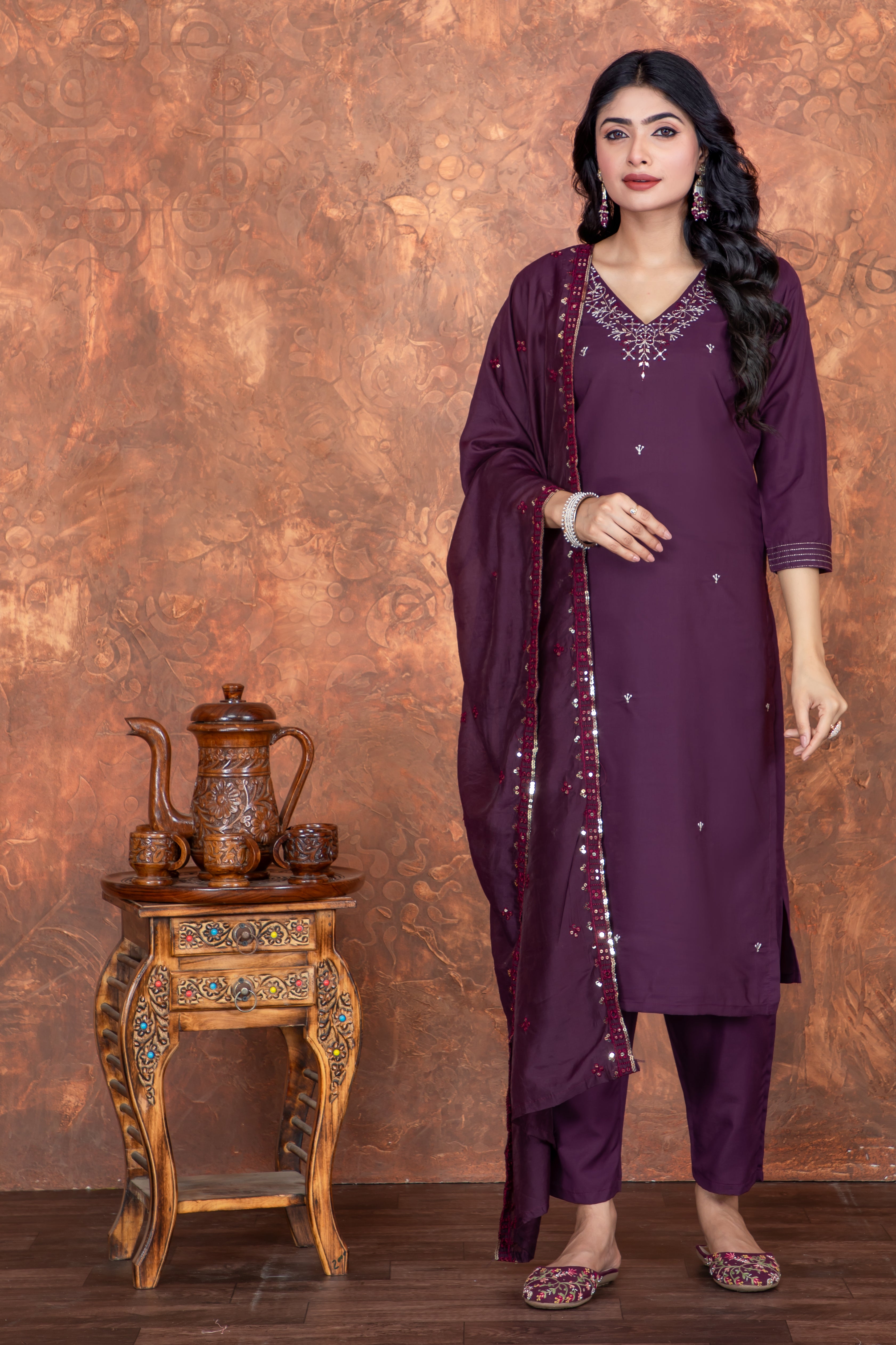 Purple Roman Silk Embroidered Kurti Set with Pant & Dupatta for Women