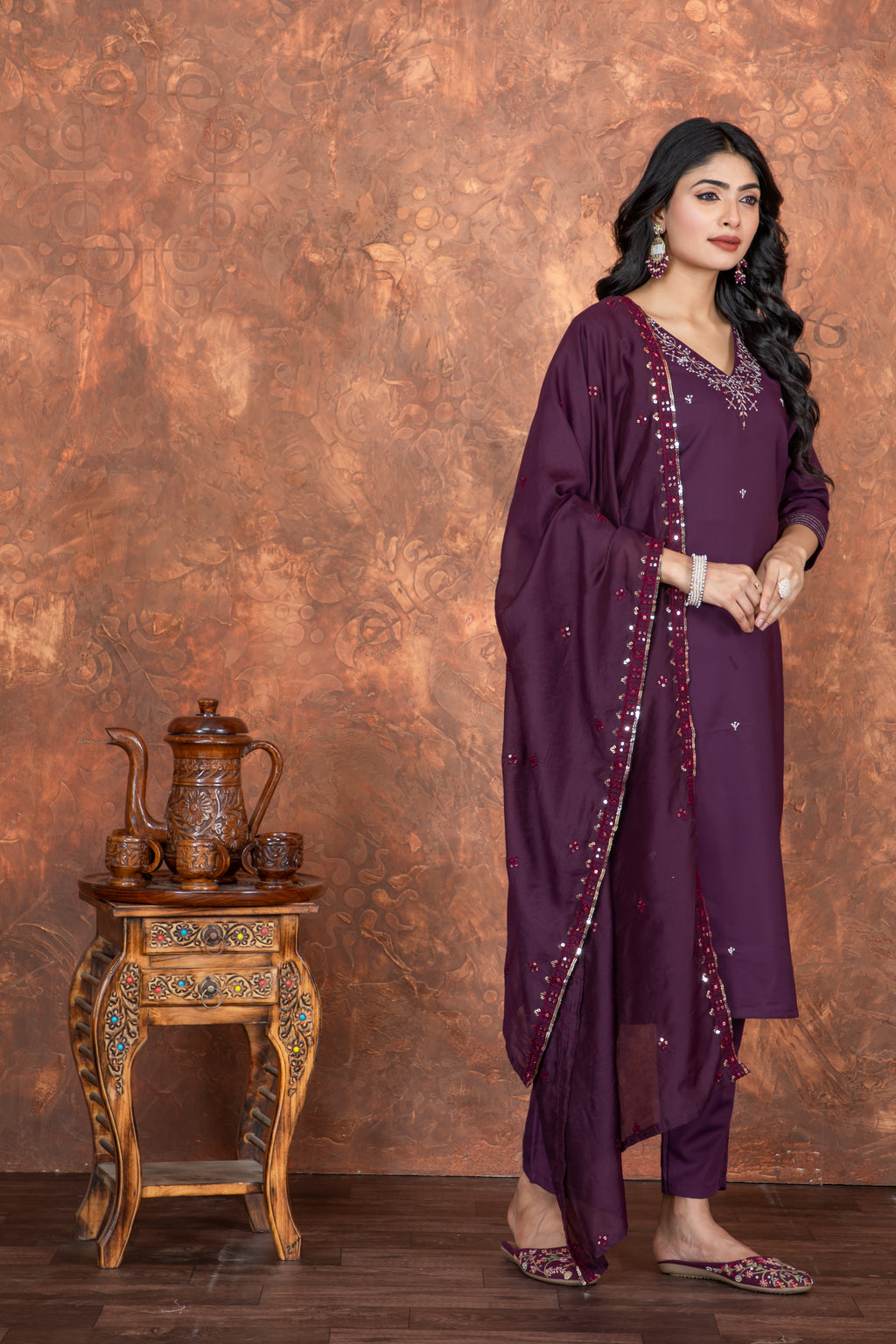 Purple Roman Silk Embroidered Kurti Set with Pant & Dupatta for Women
