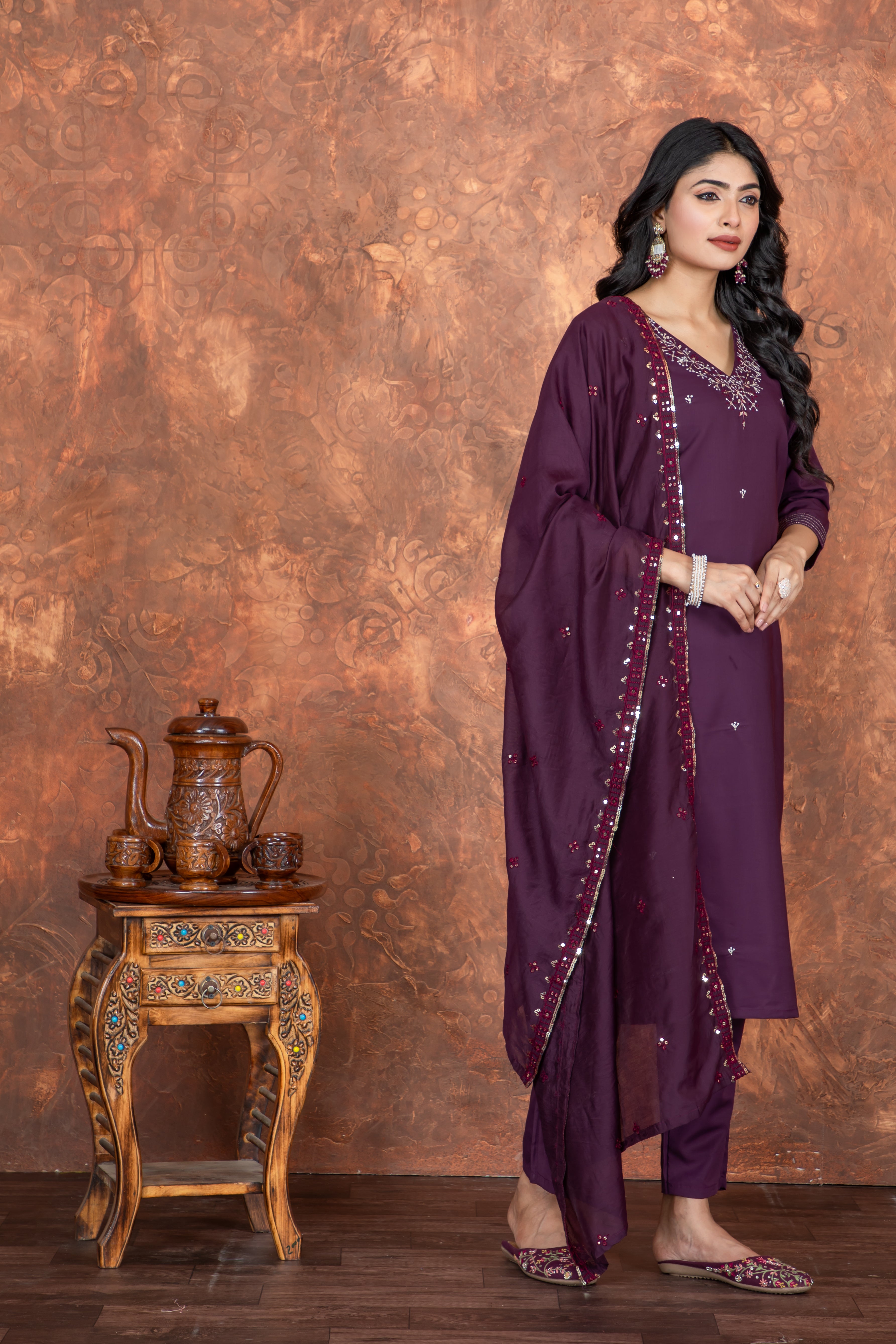 Purple Roman Silk Embroidered Kurti Set with Pant & Dupatta for Women