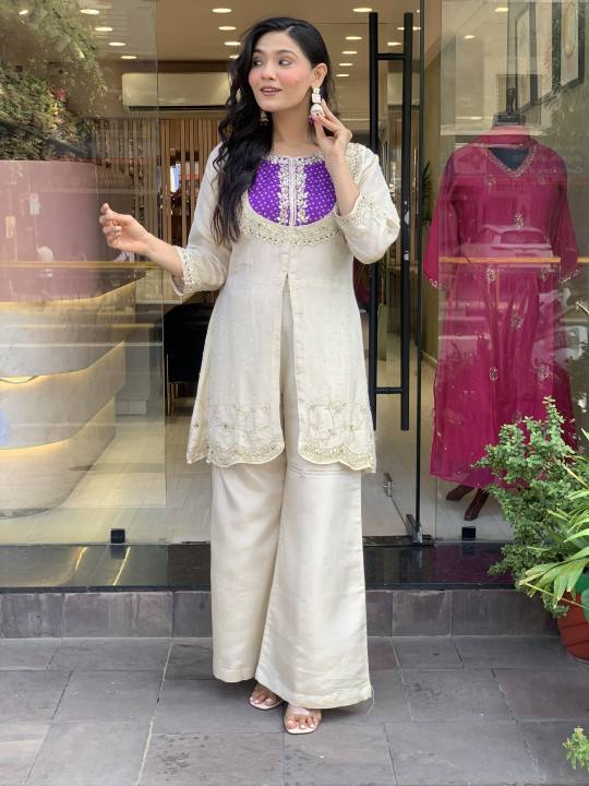 Cream & Purple Roman Silk Embroidered Co-Ord Set for Women