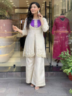 Cream & Purple Roman Silk Embroidered Co-Ord Set for Women