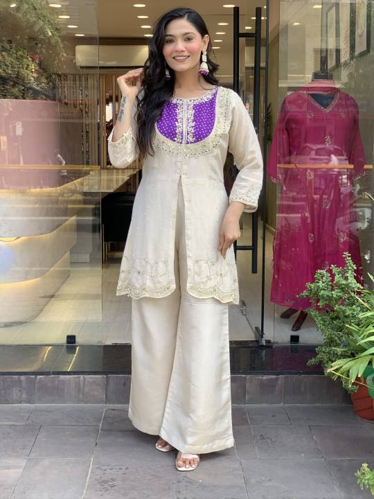 Cream & Purple Roman Silk Embroidered Co-Ord Set for Women