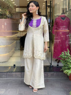 Cream & Purple Roman Silk Embroidered Co-Ord Set for Women