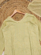 Light Yellow Faux Georgette Embroidered Kurti Set with Dupatta for Women