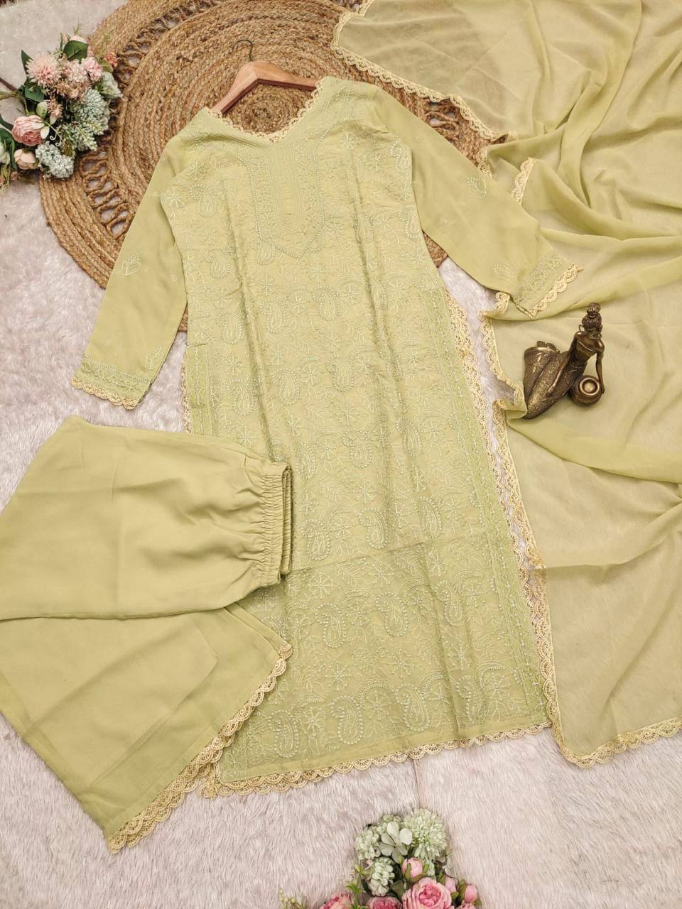 Light Yellow Faux Georgette Embroidered Kurti Set with Dupatta for Women