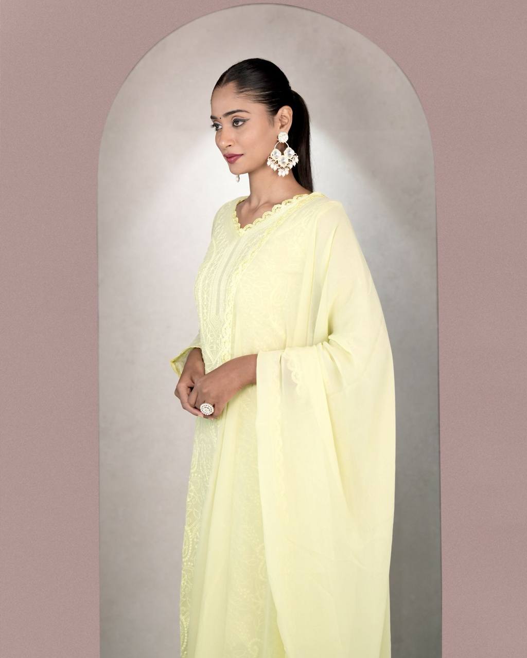 Light Yellow Faux Georgette Embroidered Kurti Set with Dupatta for Women