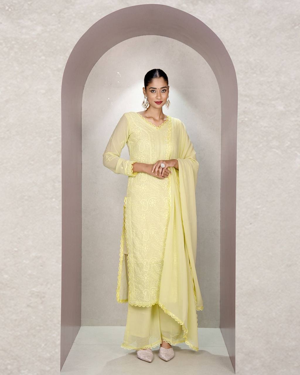 Light Yellow Faux Georgette Embroidered Kurti Set with Dupatta for Women