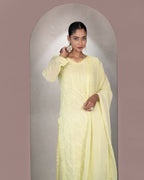 Light Yellow Faux Georgette Embroidered Kurti Set with Dupatta for Women