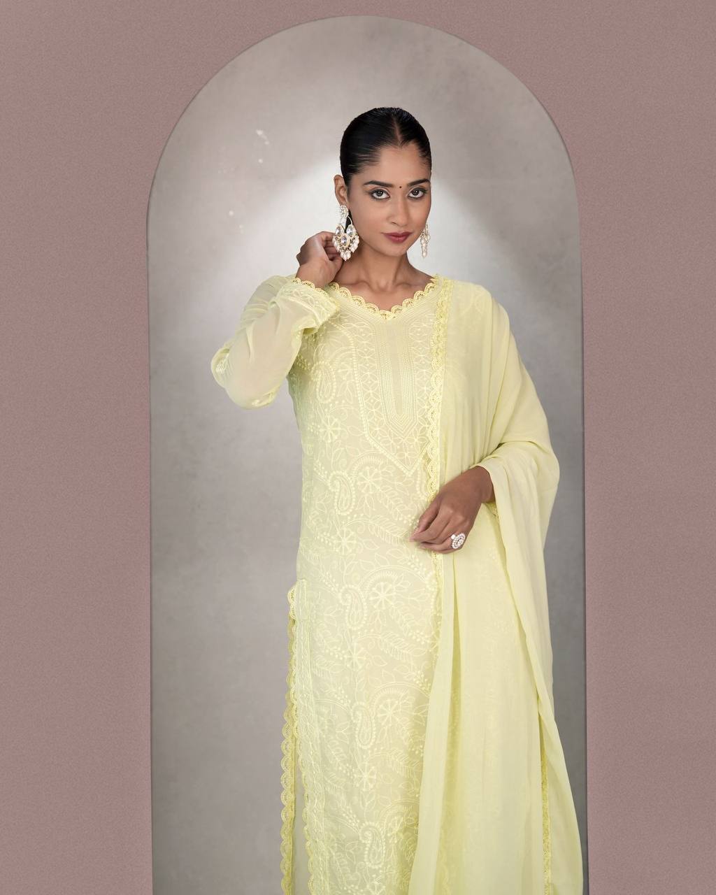 Light Yellow Faux Georgette Embroidered Kurti Set with Dupatta for Women