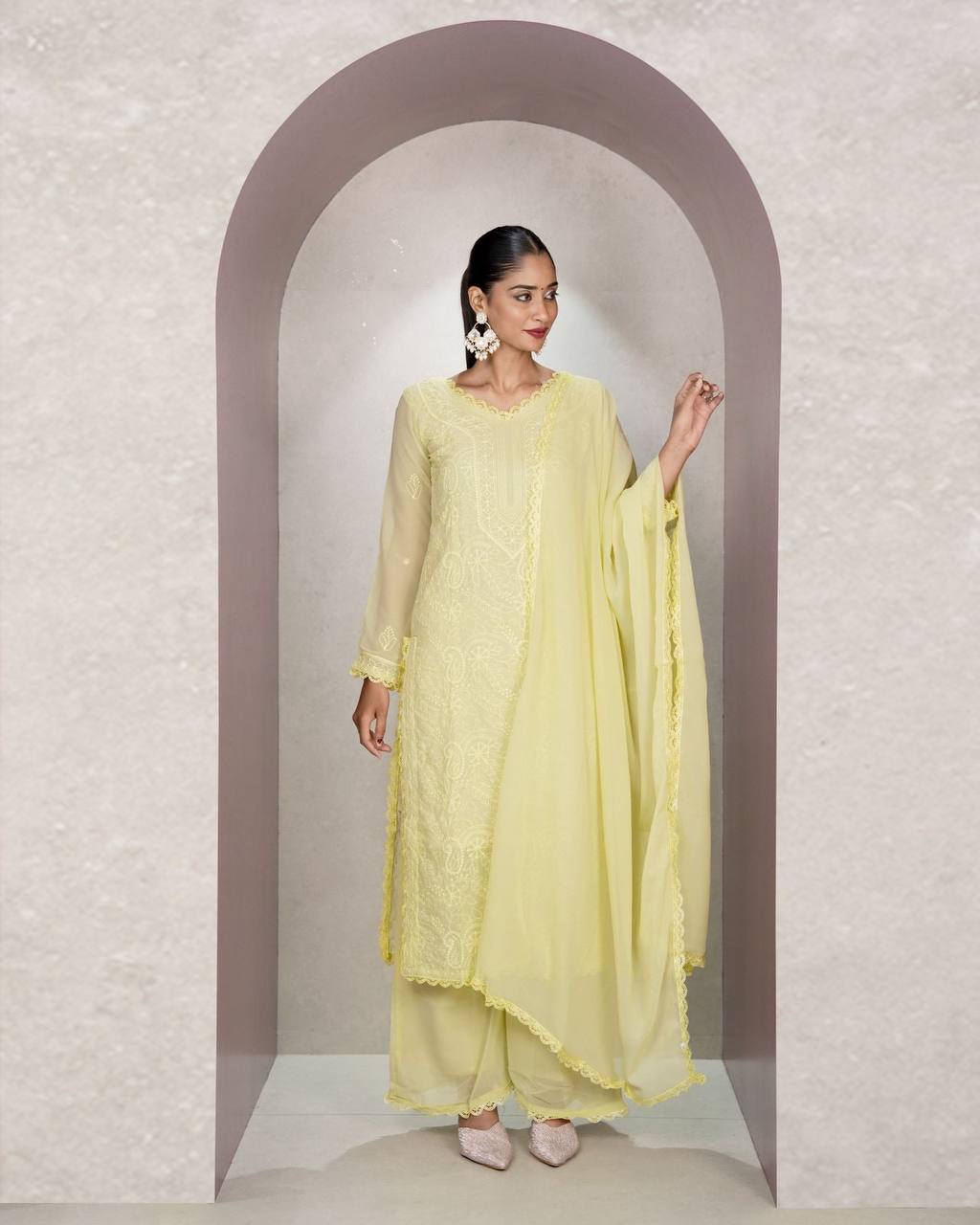 Light Yellow Faux Georgette Embroidered Kurti Set with Dupatta for Women