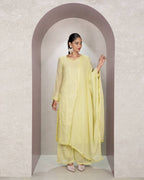 Light Yellow Faux Georgette Embroidered Kurti Set with Dupatta for Women