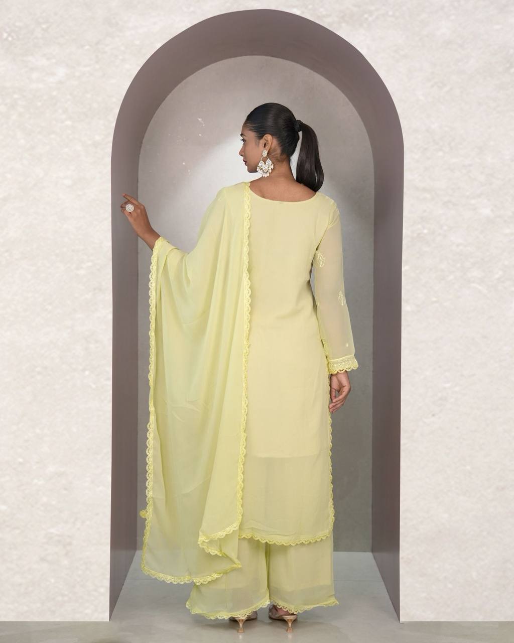 Light Yellow Faux Georgette Embroidered Kurti Set with Dupatta for Women
