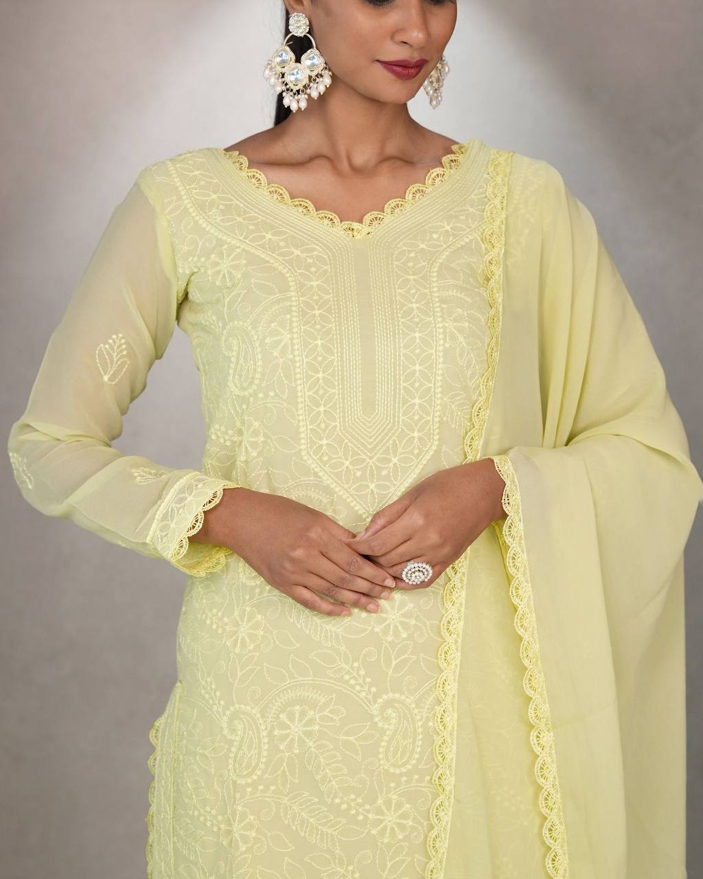 Light Yellow Faux Georgette Embroidered Kurti Set with Dupatta for Women