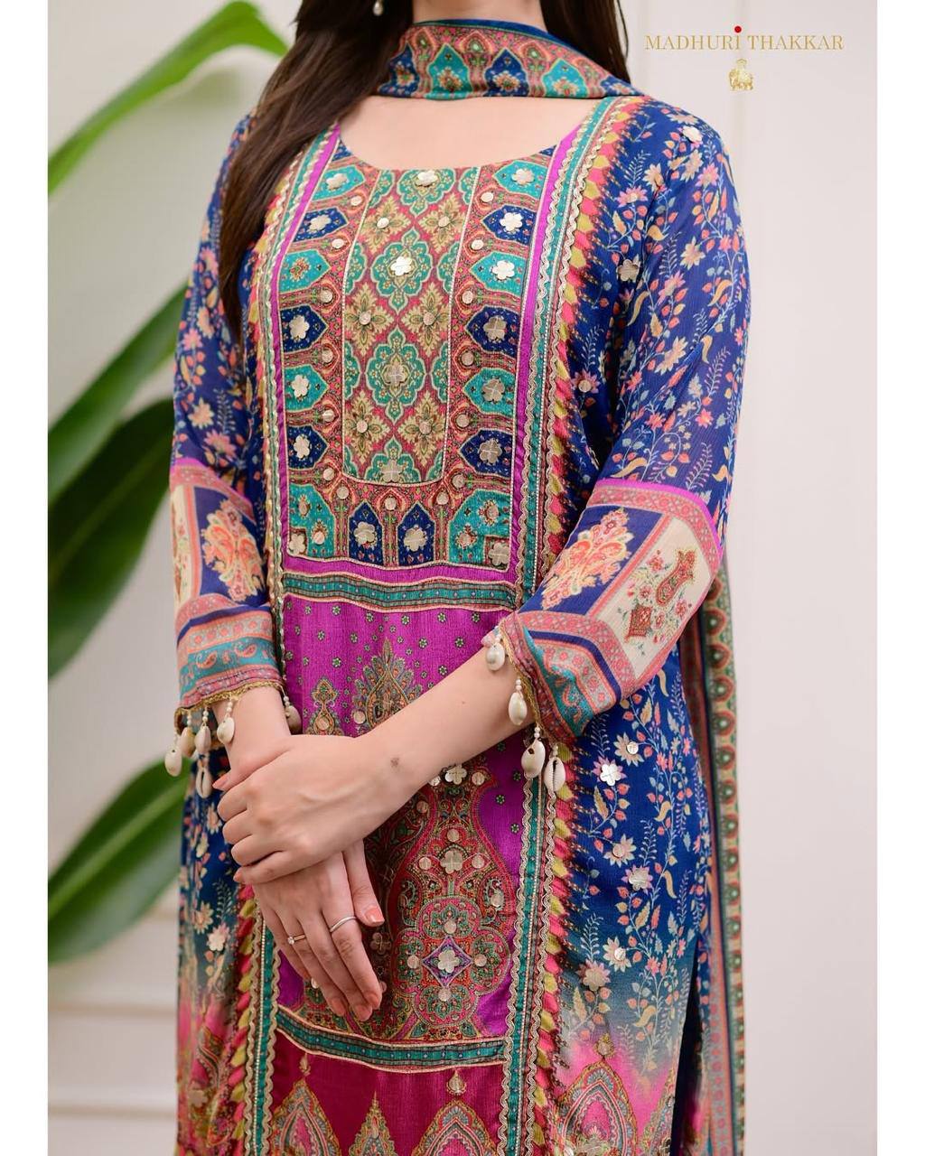 Navy Blue Chinon Printed Kurti With Pant & Dupatta Set for Women