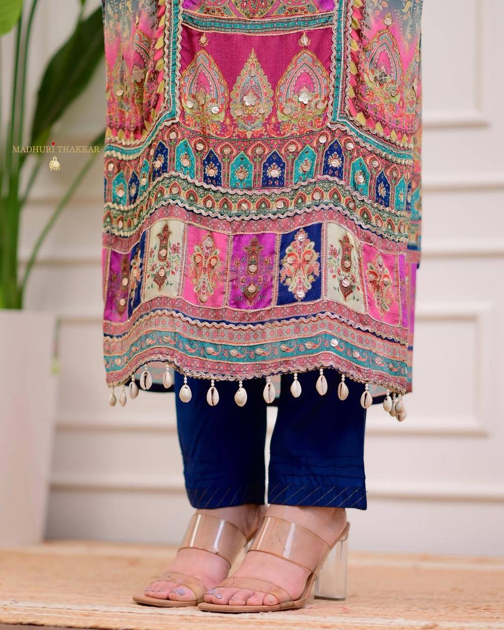 Navy Blue Chinon Printed Kurti With Pant & Dupatta Set for Women