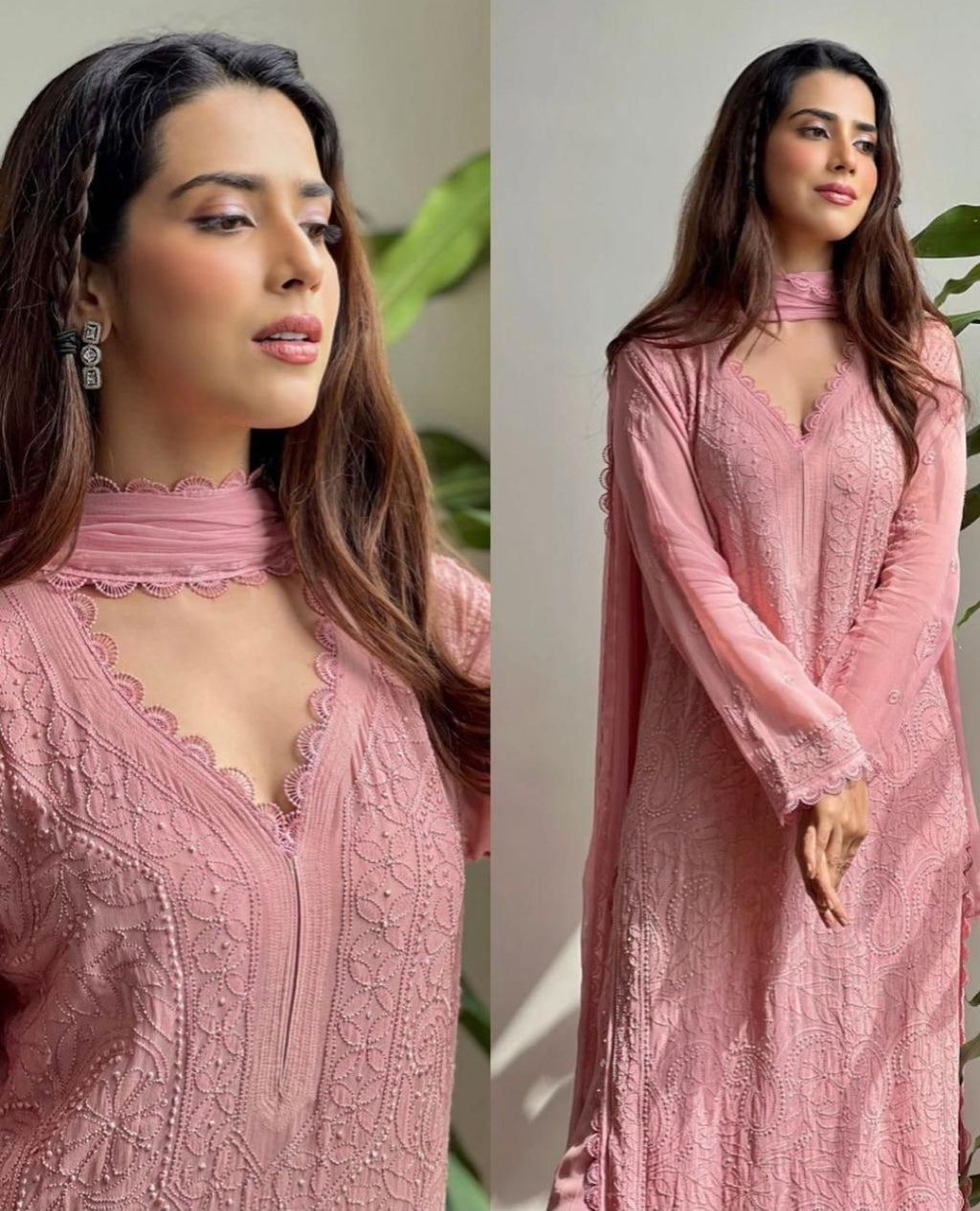 Pink Georgette Kurti Set with Pant & Dupatta for Women