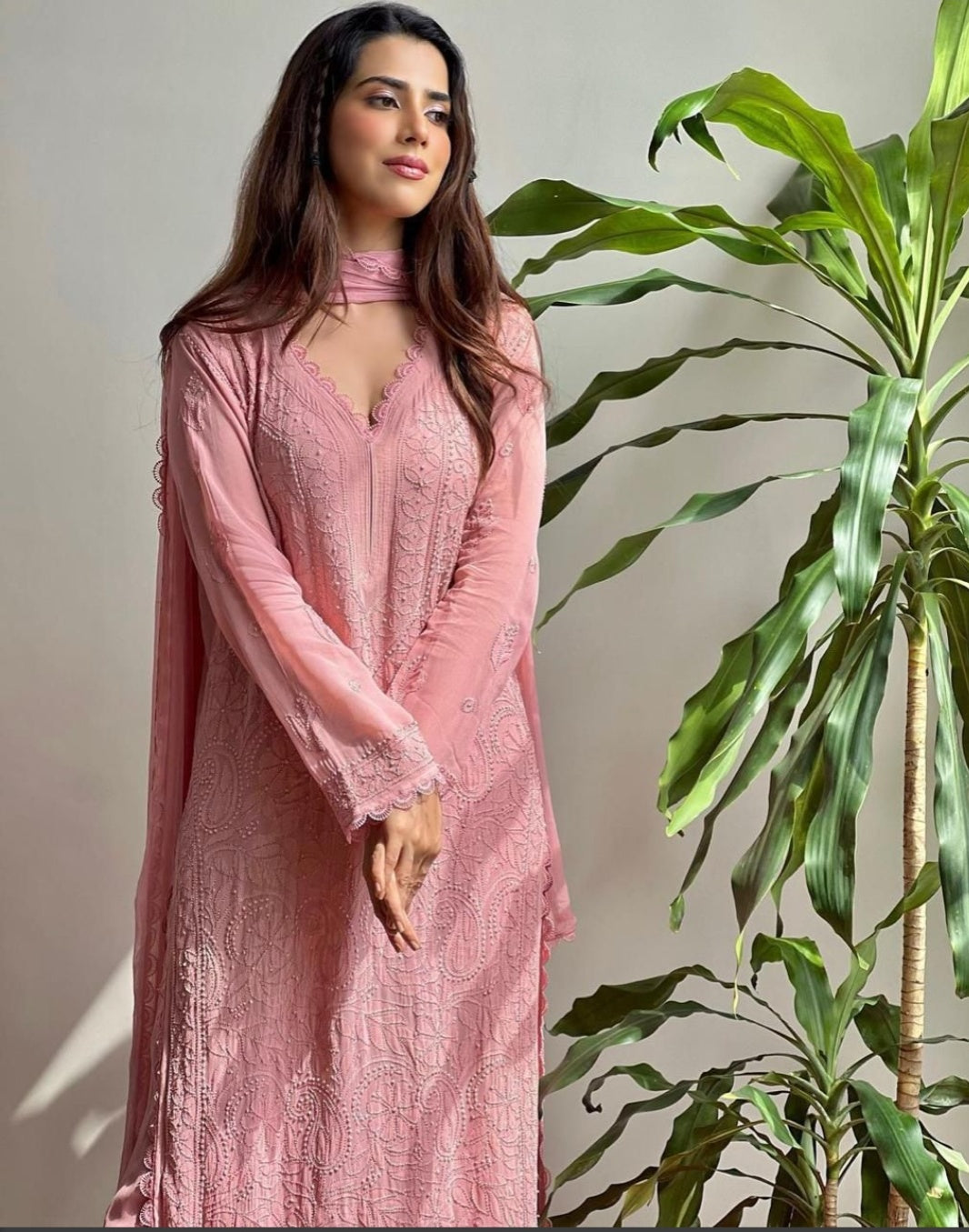 Pink Georgette Kurti Set with Pant & Dupatta for Women