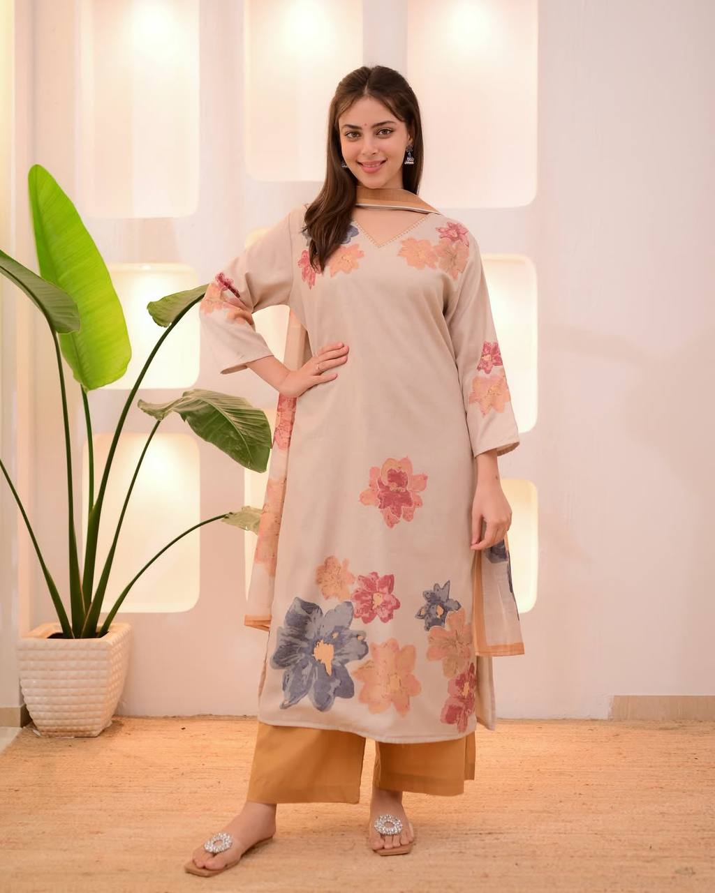 Peach Floral Printed Cotton Salwar Suit with Pant & Dupatta for Women