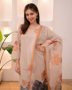 Peach Floral Printed Cotton Salwar Suit with Pant & Dupatta for Women