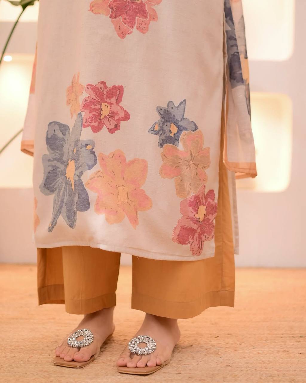 Peach Floral Printed Cotton Salwar Suit with Pant & Dupatta for Women