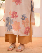 Peach Floral Printed Cotton Salwar Suit with Pant & Dupatta for Women