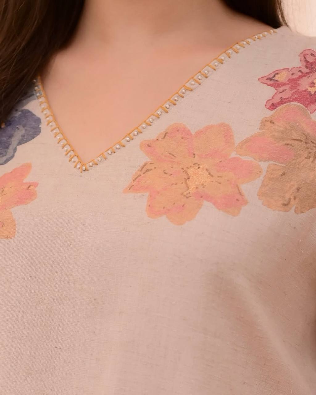 Peach Floral Printed Cotton Salwar Suit with Pant & Dupatta for Women