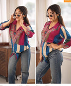 Blue & Beige Ajrakh Printed Crepe Satin Shirt for Women | Designer Casual TopBlue & Beige Ajrakh Printed Crepe Satin Shirt for Women | Designer Casual Top