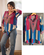 Blue & Beige Ajrakh Printed Crepe Satin Shirt for Women | Designer Casual TopBlue & Beige Ajrakh Printed Crepe Satin Shirt for Women | Designer Casual Top