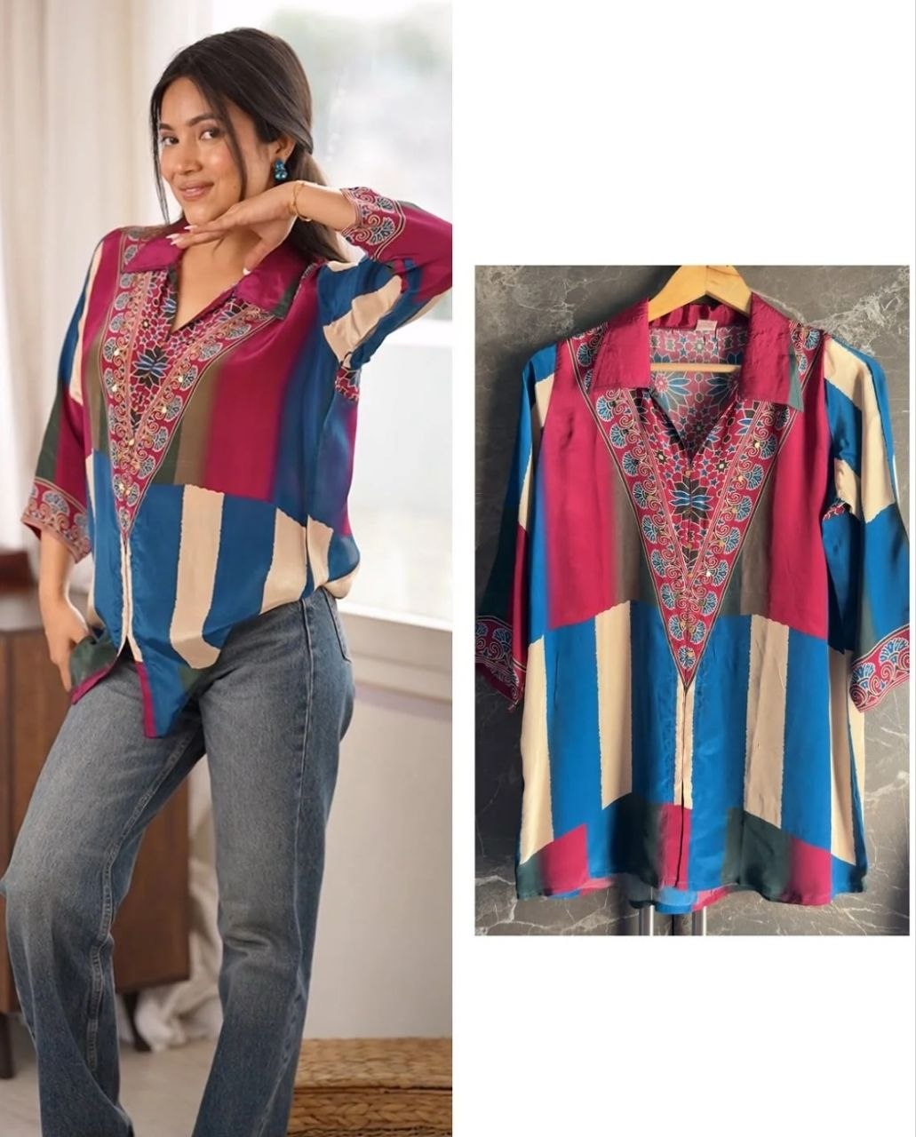 Blue & Beige Ajrakh Printed Crepe Satin Shirt for Women | Designer Casual TopBlue & Beige Ajrakh Printed Crepe Satin Shirt for Women | Designer Casual Top