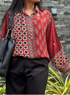 Red Ajrakh Printed Crepe Satin Shirt for Women Indo Western Casual Top
