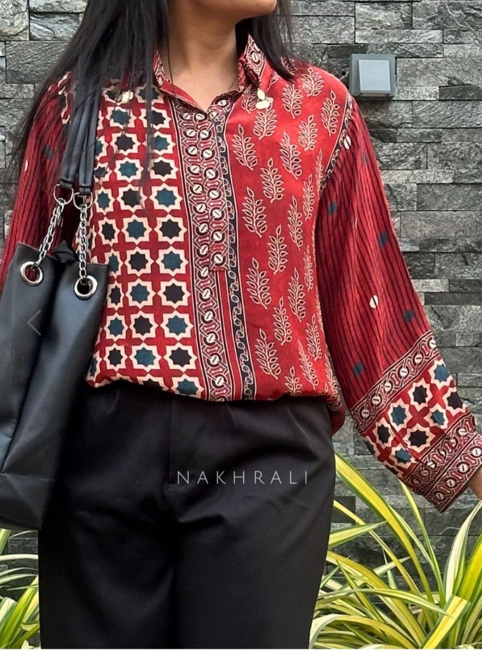 Red Ajrakh Printed Crepe Satin Shirt for Women Indo Western Casual Top