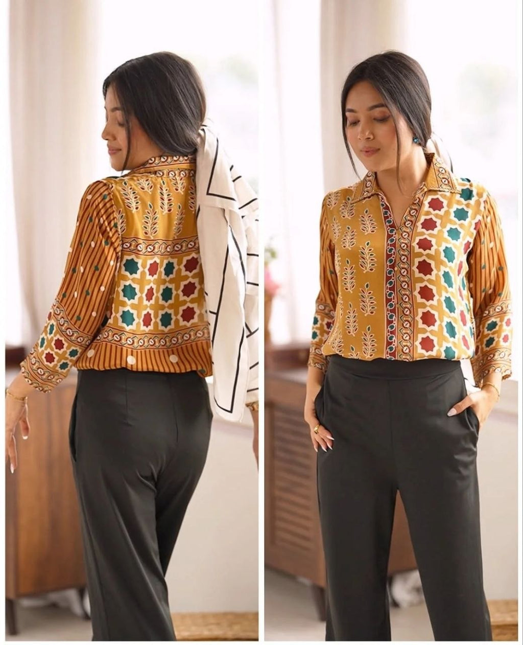 YELLOW Ajrakh Printed Crepe Satin Shirt for Women Indo Western Casual Top
