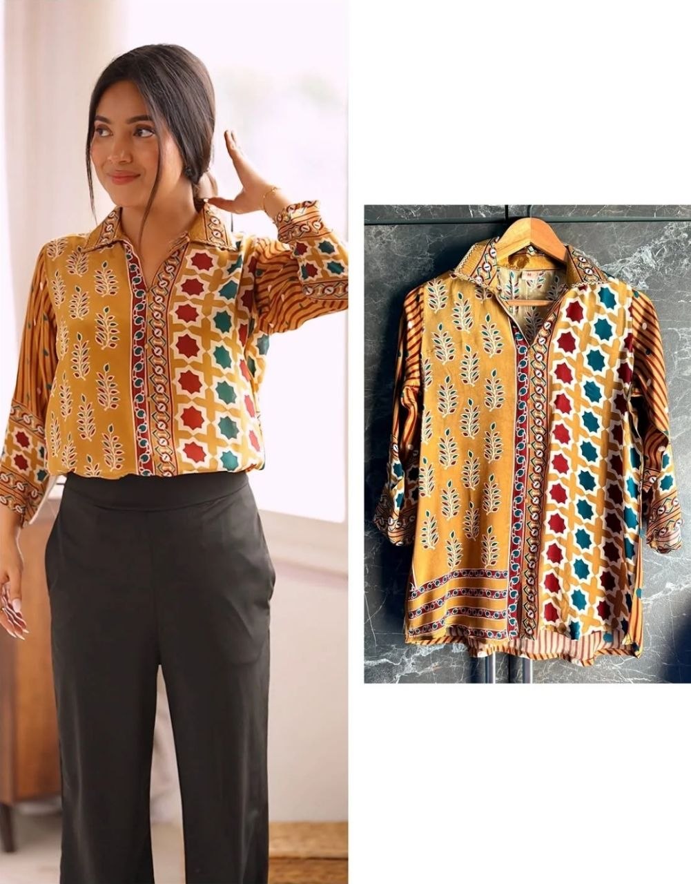 YELLOW Ajrakh Printed Crepe Satin Shirt for Women Indo Western Casual Top