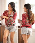 Red Ajrakh Printed Crepe Satin Shirt for Women Indo Western Casual Top