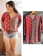 Red Ajrakh Printed Crepe Satin Shirt for Women Indo Western Casual Top
