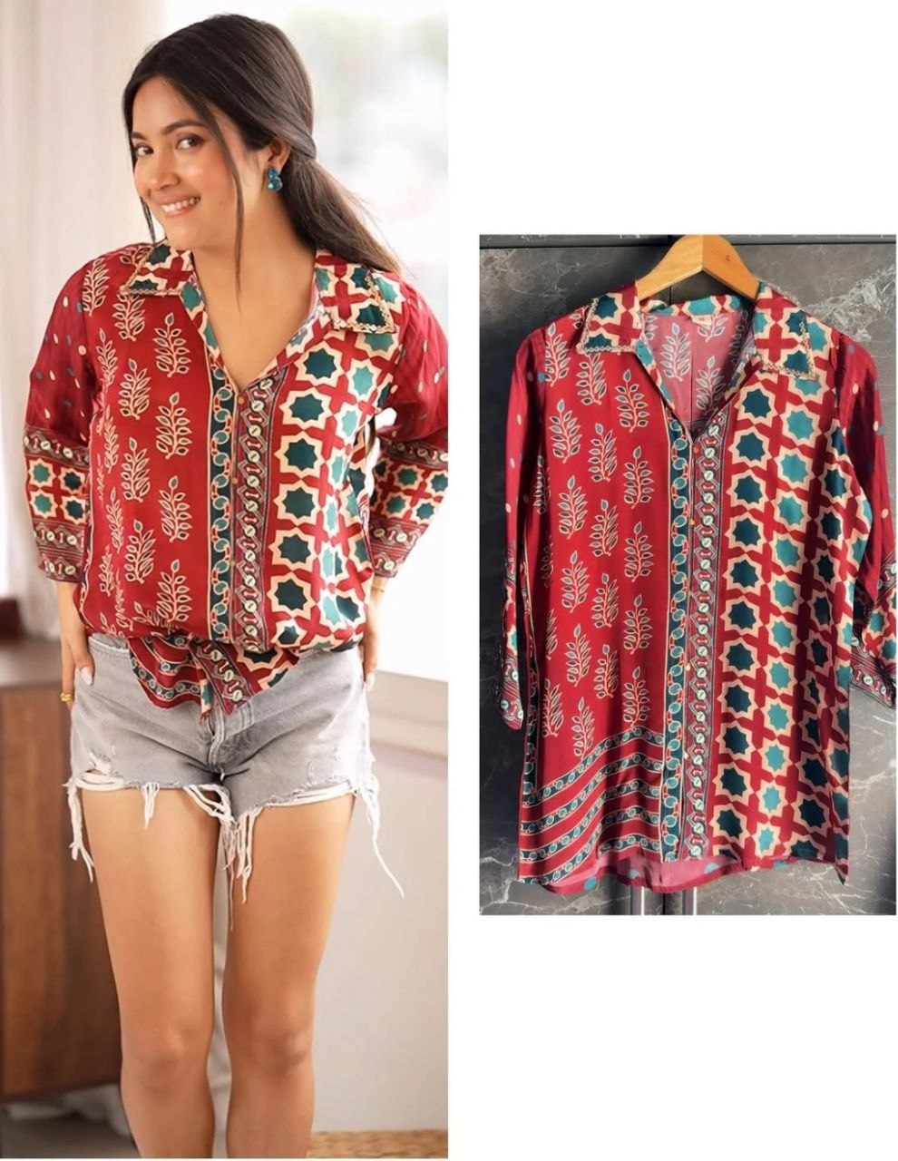 Red Ajrakh Printed Crepe Satin Shirt for Women Indo Western Casual Top
