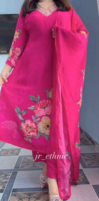 Floral Hand Work KitKat Silk Kurti Pant Dupatta Set