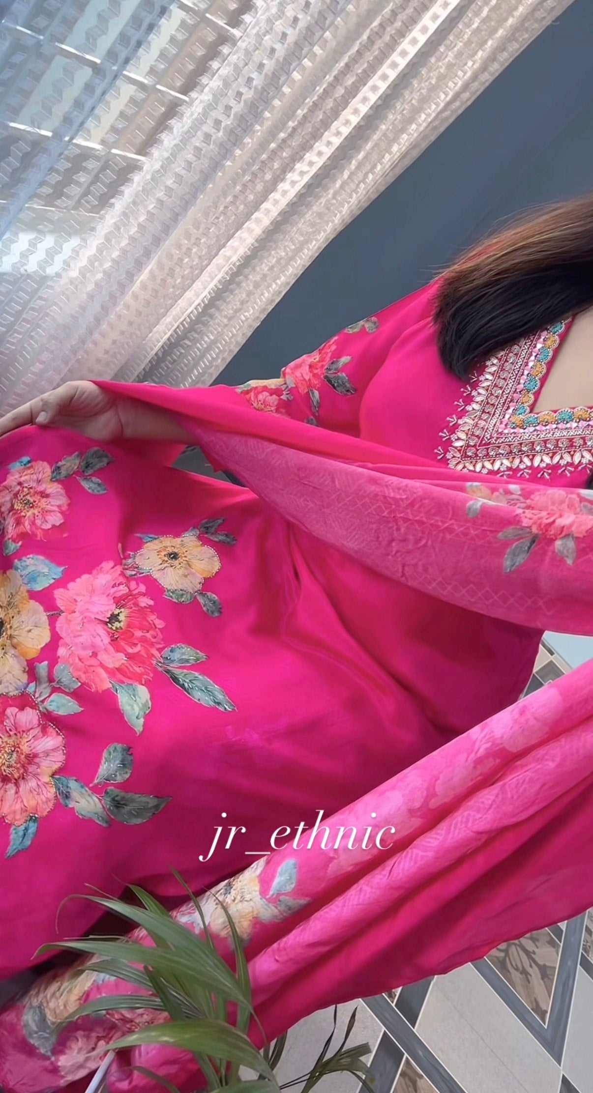 Floral Hand Work KitKat Silk Kurti Pant Dupatta Set