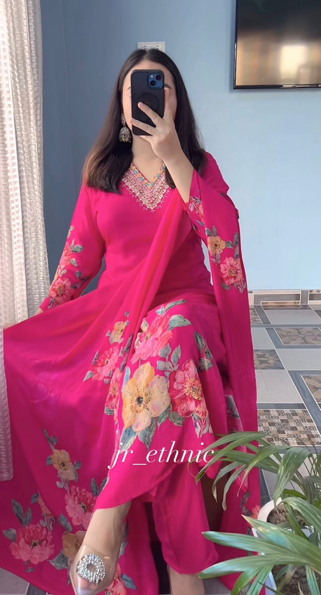 Floral Hand Work KitKat Silk Kurti Pant Dupatta Set