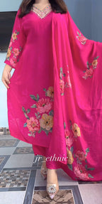 Floral Hand Work KitKat Silk Kurti Pant Dupatta Set