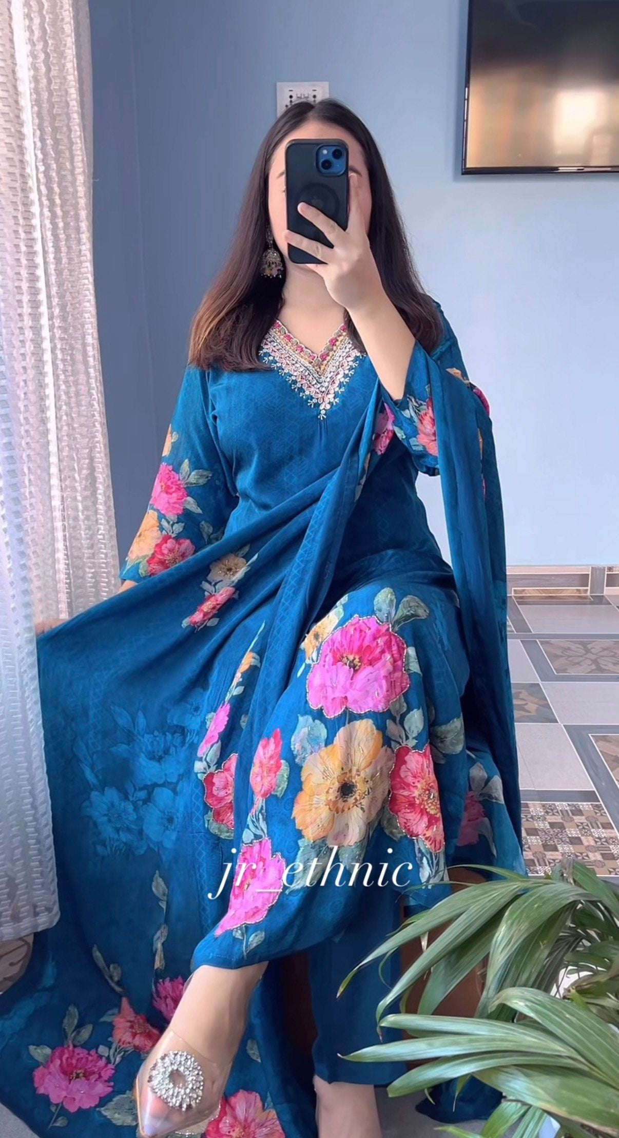 Floral Hand Work KitKat Silk Kurti Pant Dupatta Set